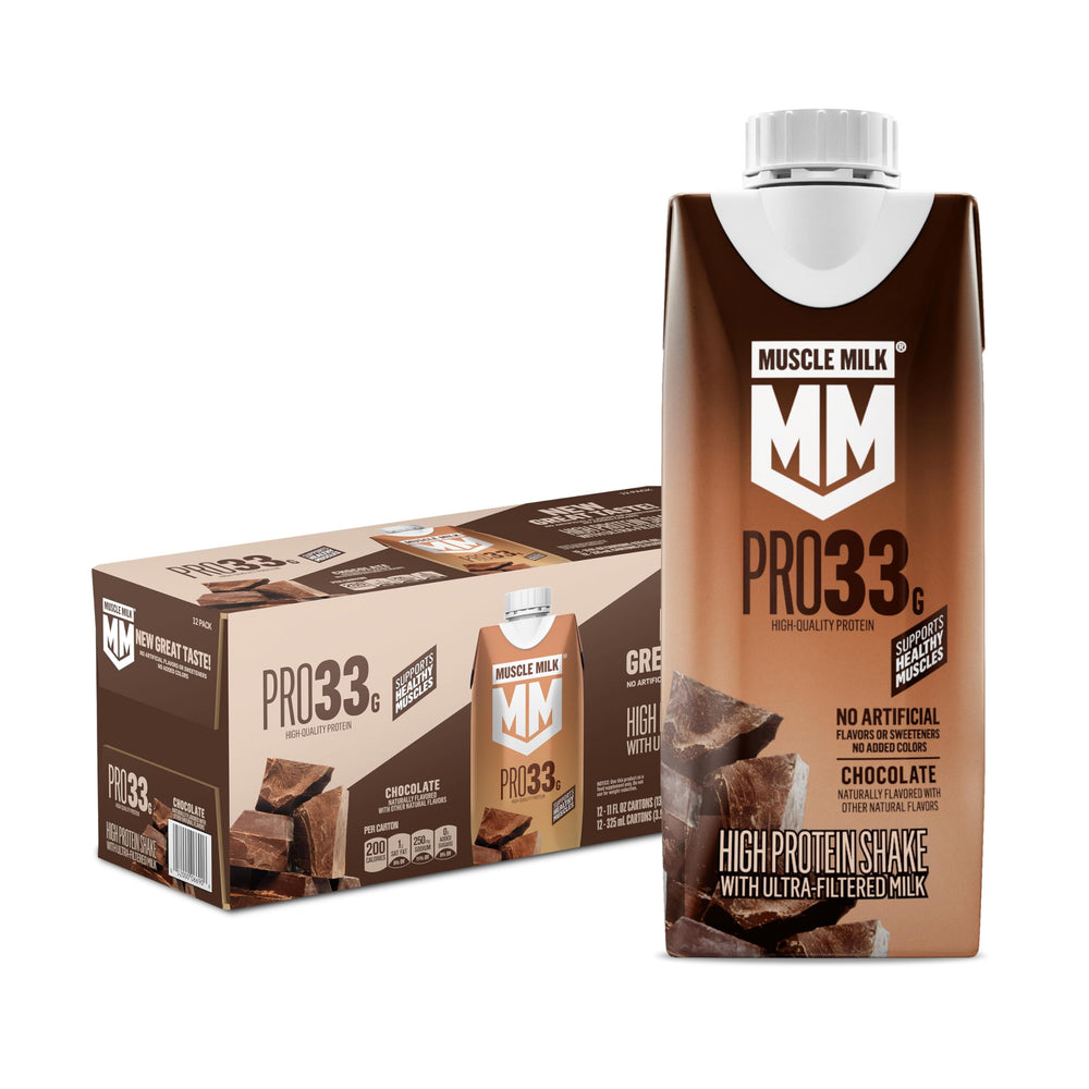 Muscle Milk frontal del pack de 12 mostrando etiqueta y sabor chocolate, práctico para llevar