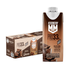 Muscle Milk frontal del pack de 12 mostrando etiqueta y sabor chocolate, práctico para llevar