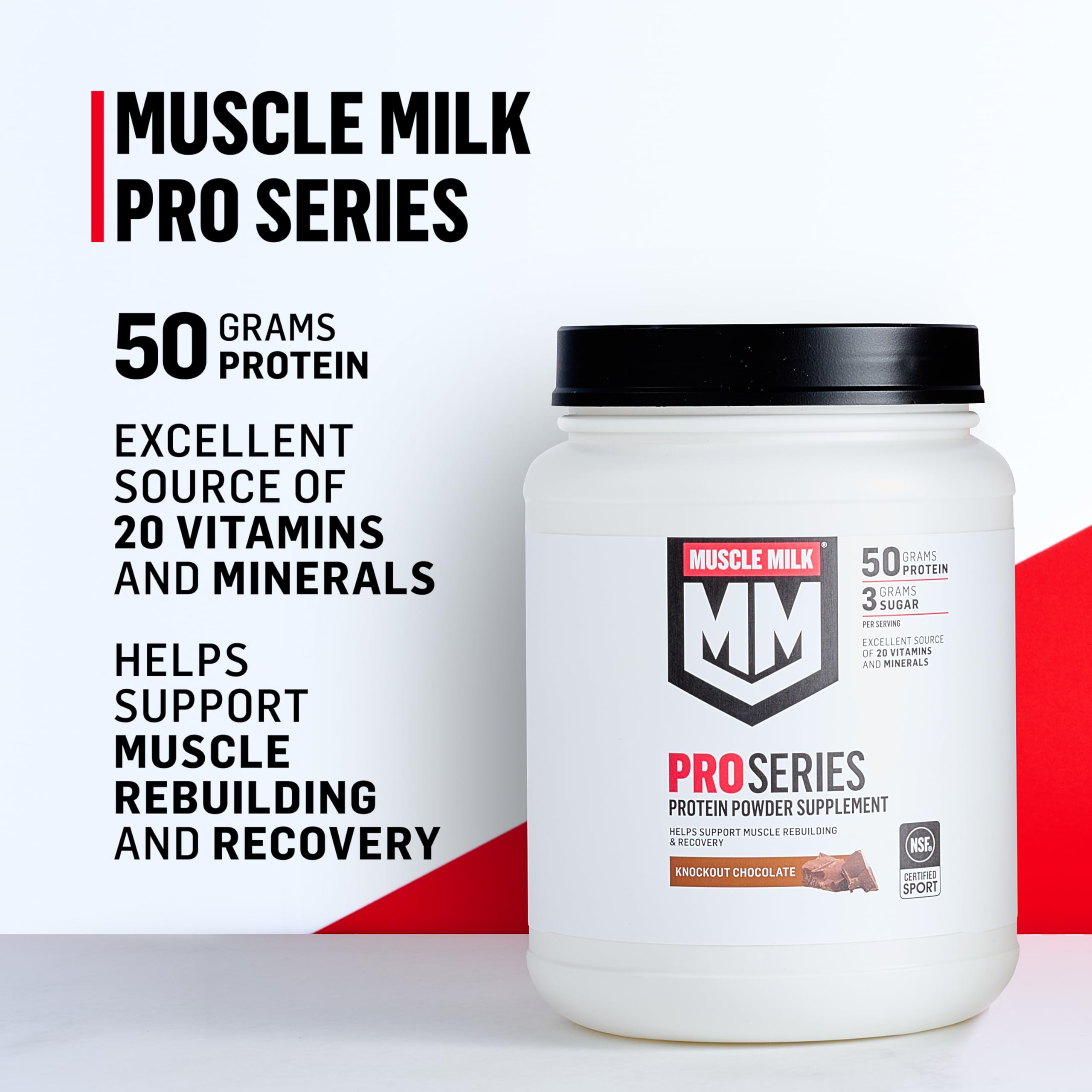 Muscle Milk cucharada medidora junto al envase mostrando cantidad por porción