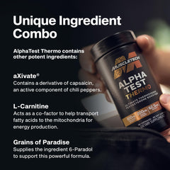 MuscleTech AlphaTest Thermo en mano para comparar tamaño y suministro de 30 días