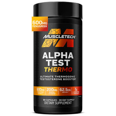 MuscleTech frasco frontal AlphaTest Thermo mostrando diseño y beneficio de apoyo hormonal