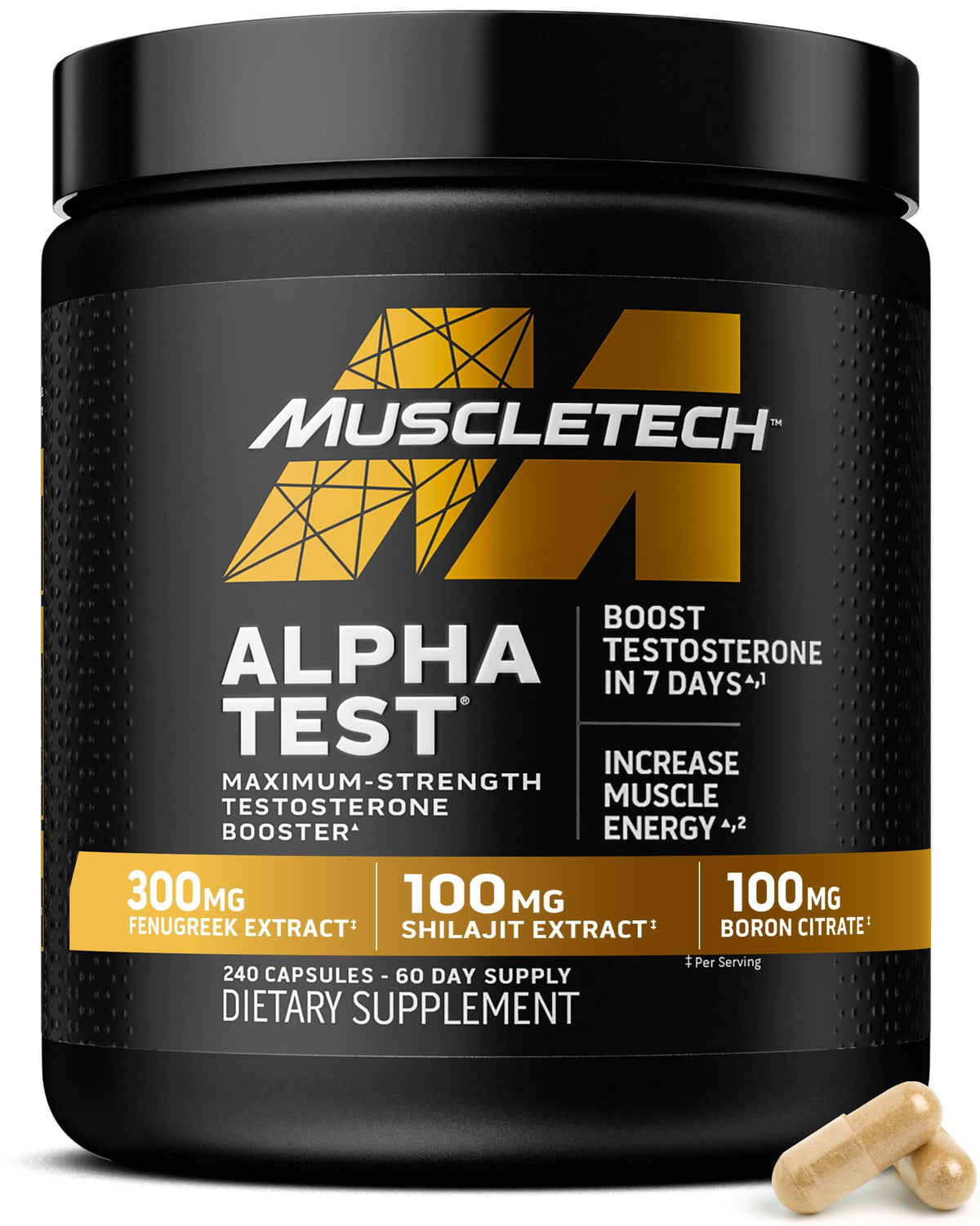 MuscleTech AlphaTest frontal del envase mostrando presentación y beneficio para rendimiento