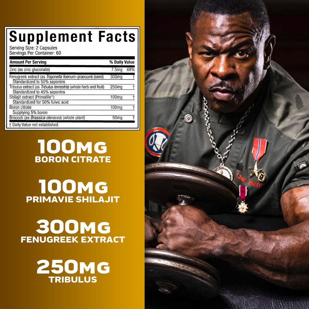MuscleTech AlphaTest comparación de tamaño del frasco junto a objetos cotidianos para referencia
