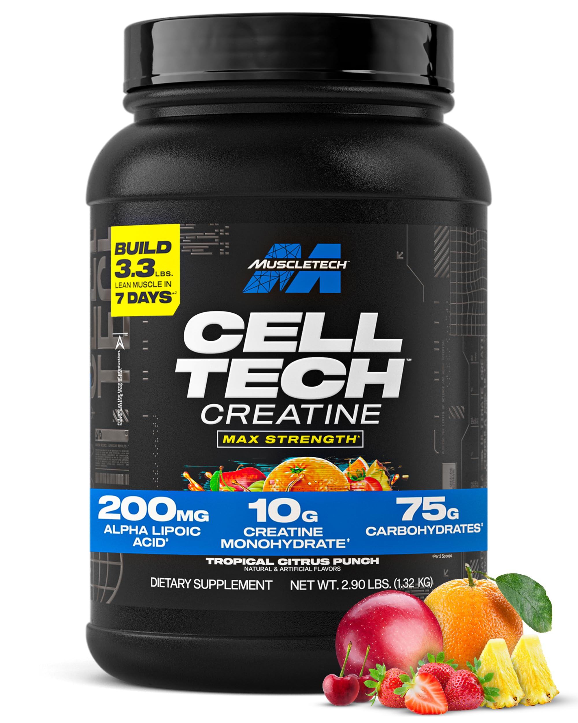 MuscleTech envase frontal Cell‑Tech mostrando marca y sabor Tropical Citrus Punch