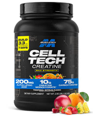 MuscleTech envase frontal Cell‑Tech mostrando marca y sabor Tropical Citrus Punch