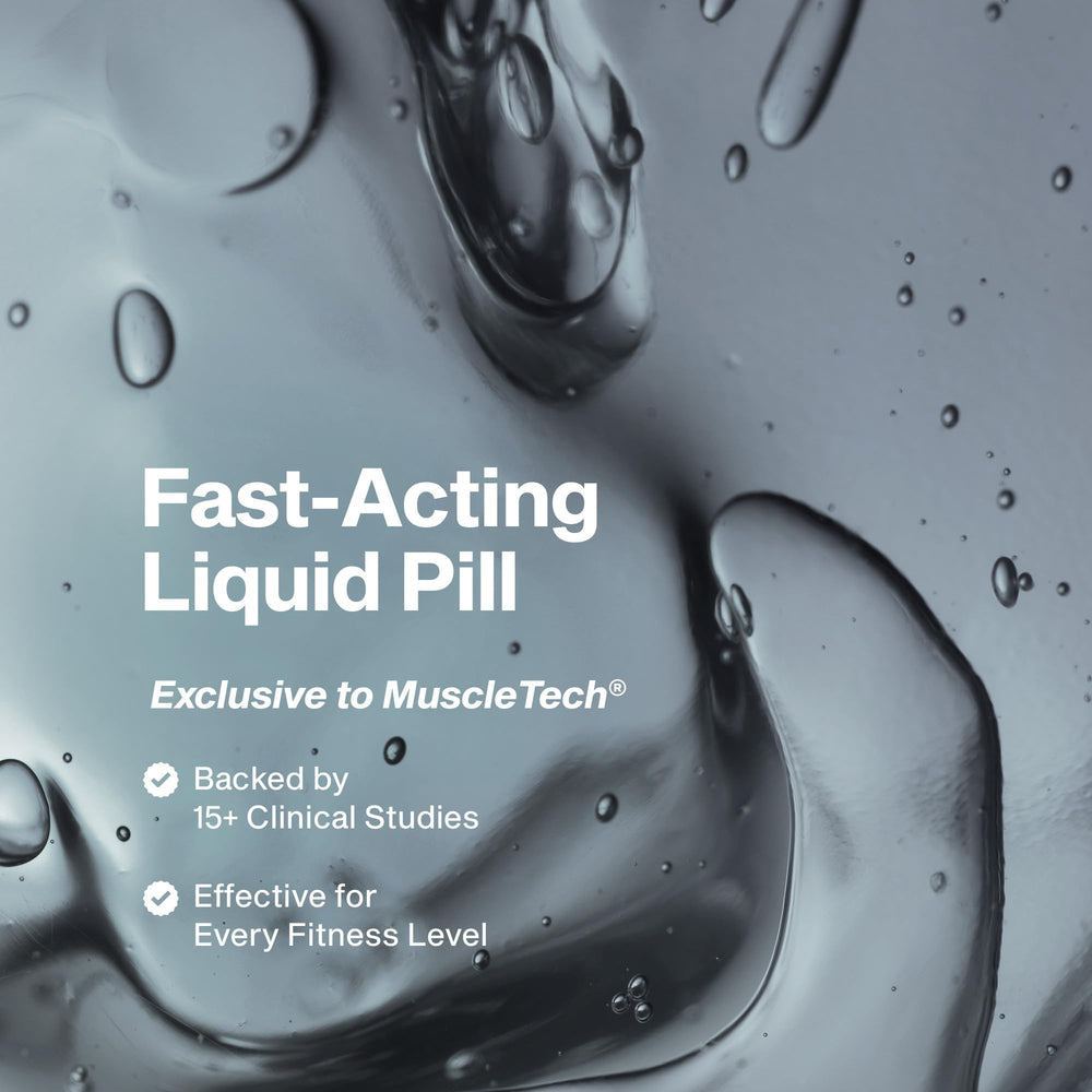 MuscleTech cápsula blanda en primer plano, absorción rápida visible