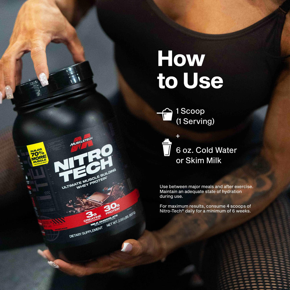 MuscleTech Nitro-Tech comparación de tamaño del bote para calcular duración