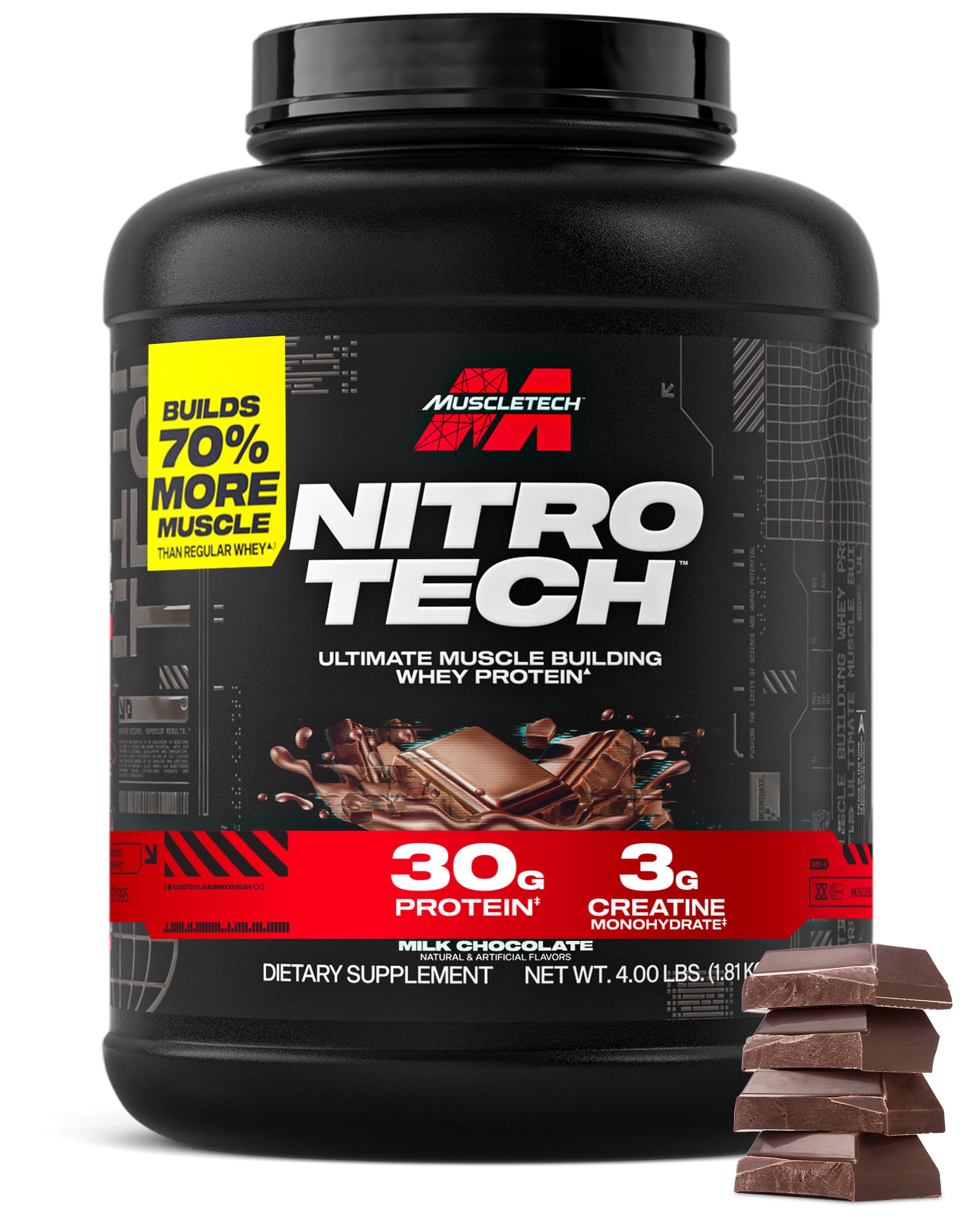 MuscleTech Nitro‑Tech frente del bote mostrando diseño y sabor chocolate