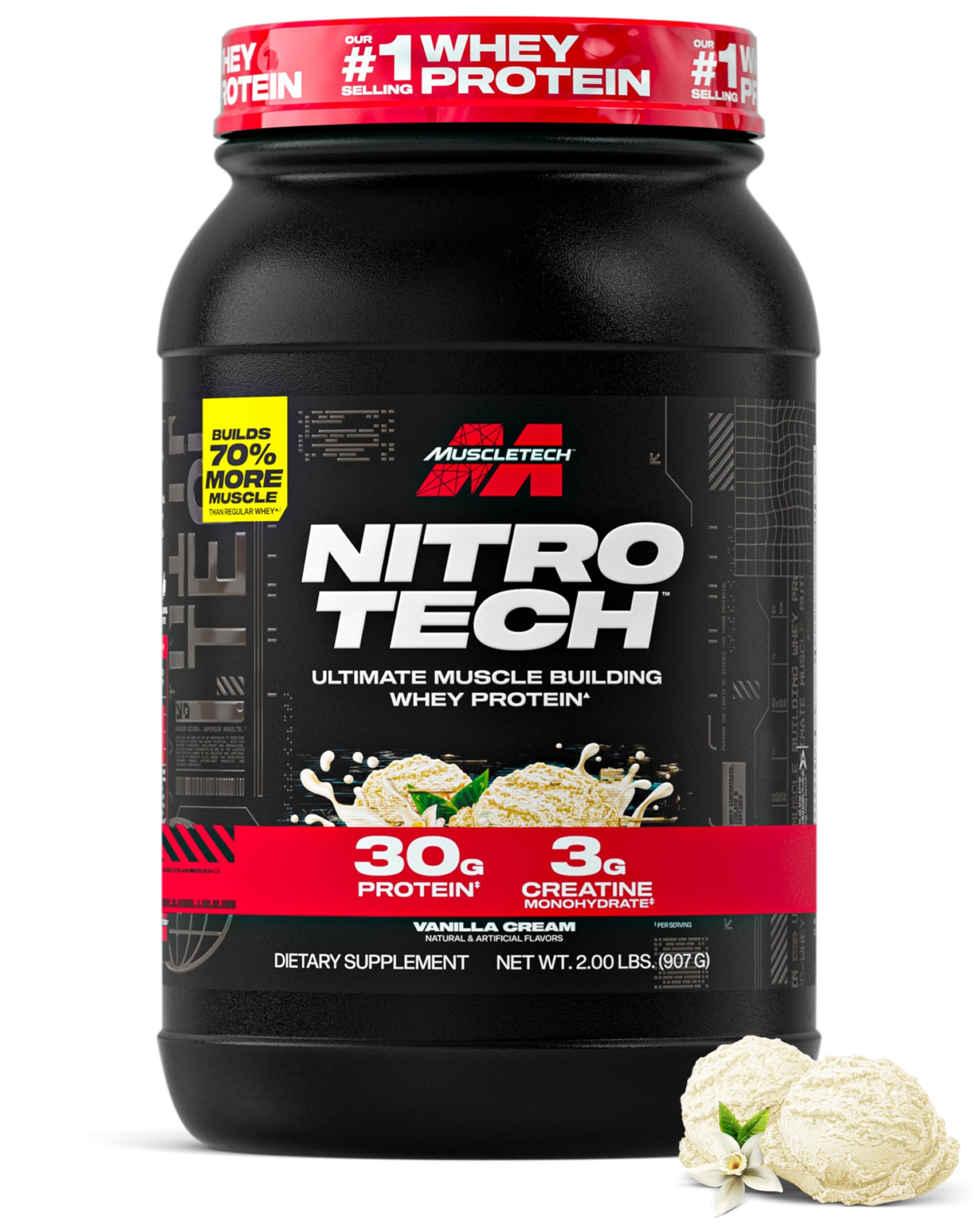 MuscleTech Nitro-Tech frente del envase mostrando el tamaño y sabor Vanilla Cream