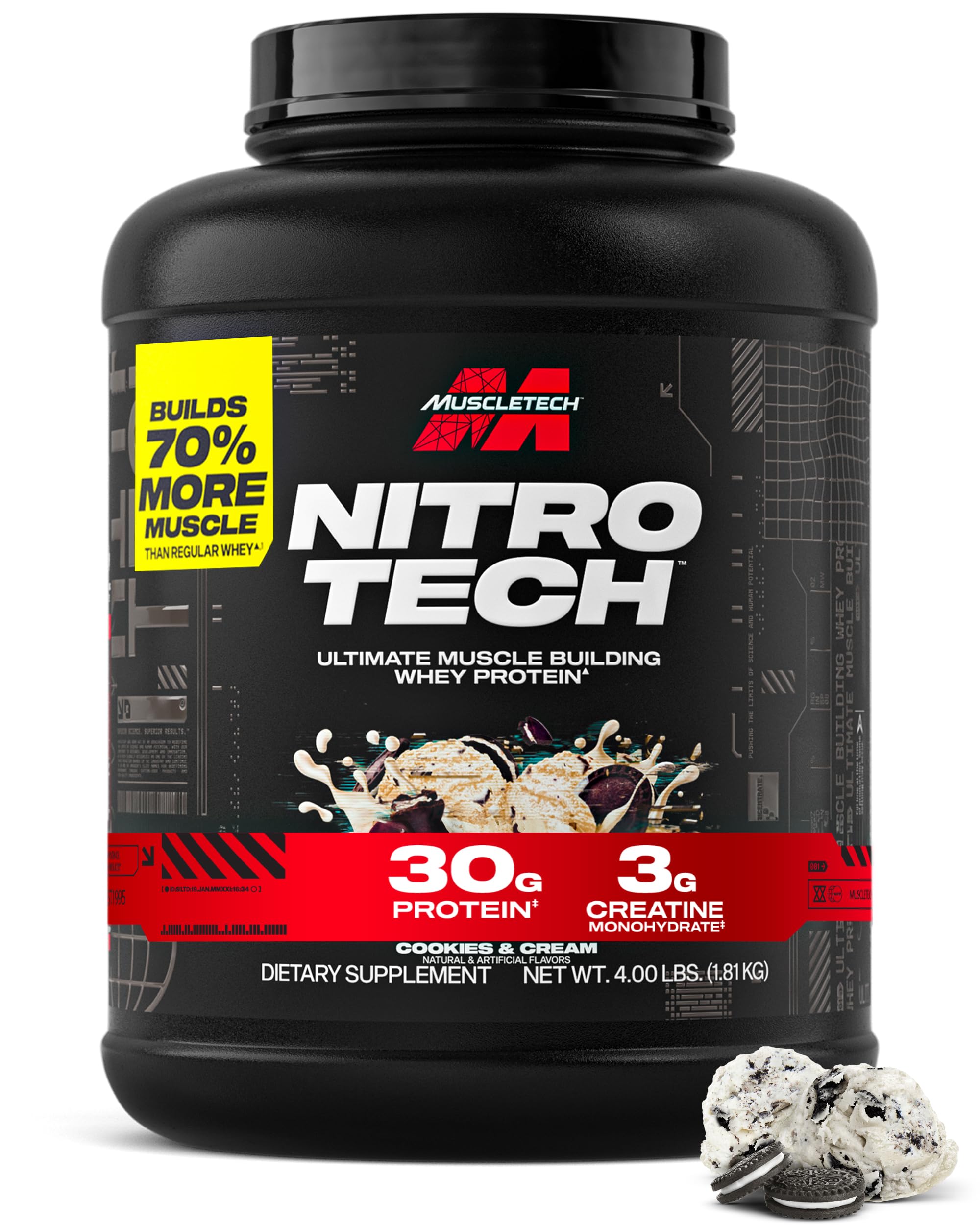 Muscletech Nitro‑Tech frente del envase mostrando sabor Cookies & Cream y beneficios