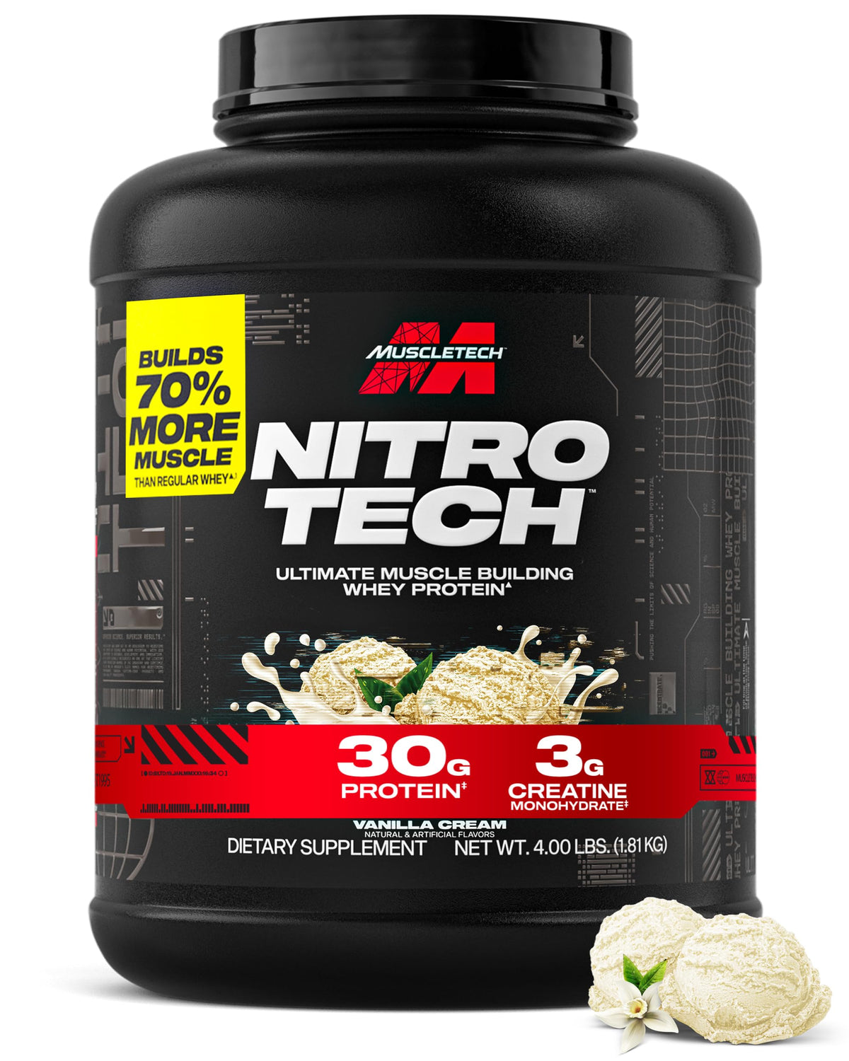 MuscleTech Nitro‑Tech frente del envase mostrando peso y sabor, práctico y claro
