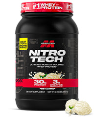 MuscleTech Nitro-Tech frente del envase mostrando el tamaño y sabor Vanilla Cream