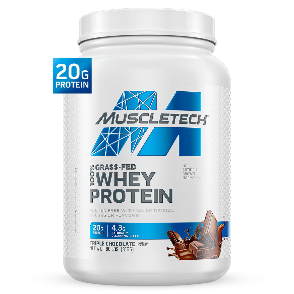 MuscleTech tarro frontal Triple Chocolate mostrando diseño y tamaño del envase