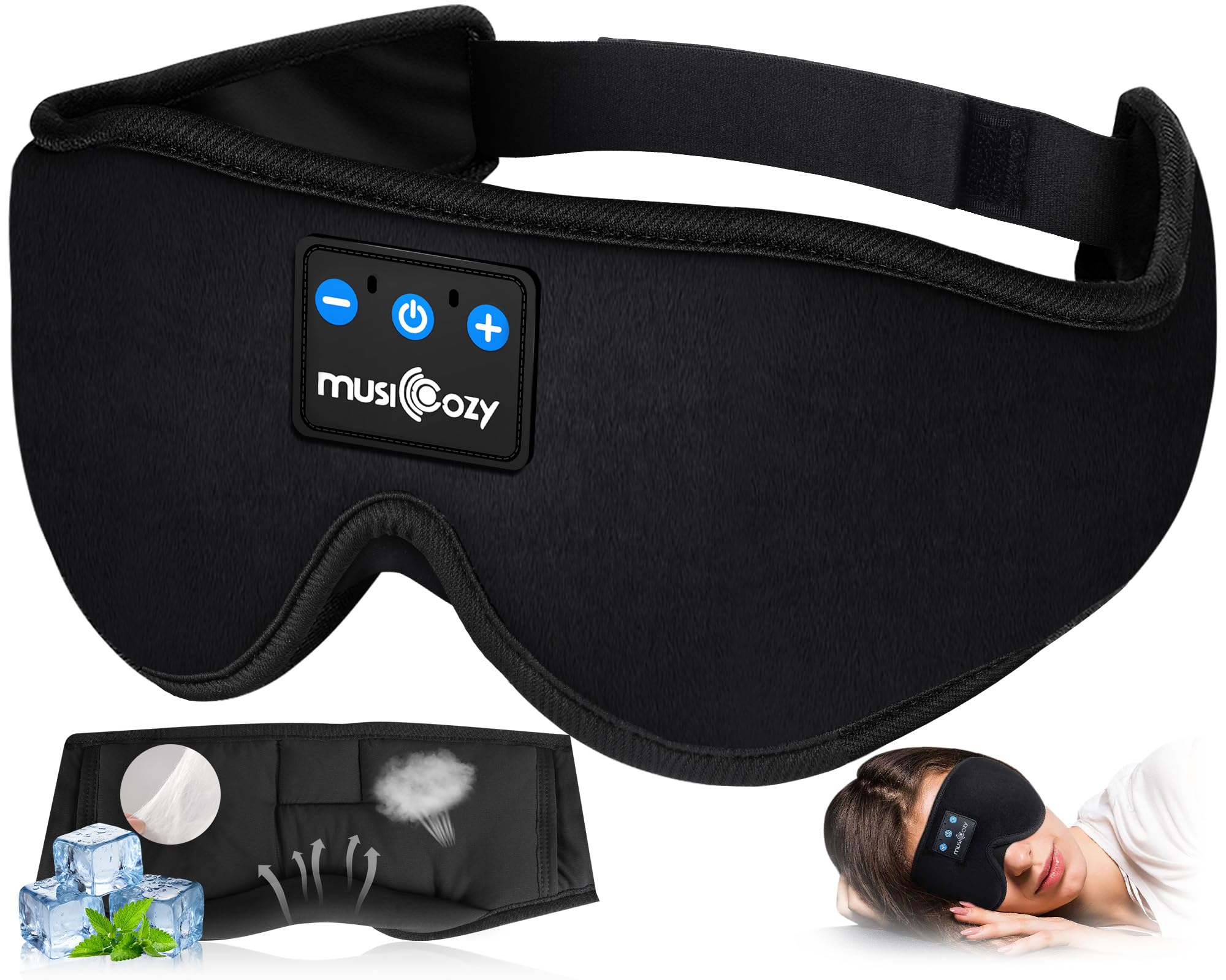 MUSICOZY front view of packaged sleep headphones showing product and branding for quick identification and appeal
