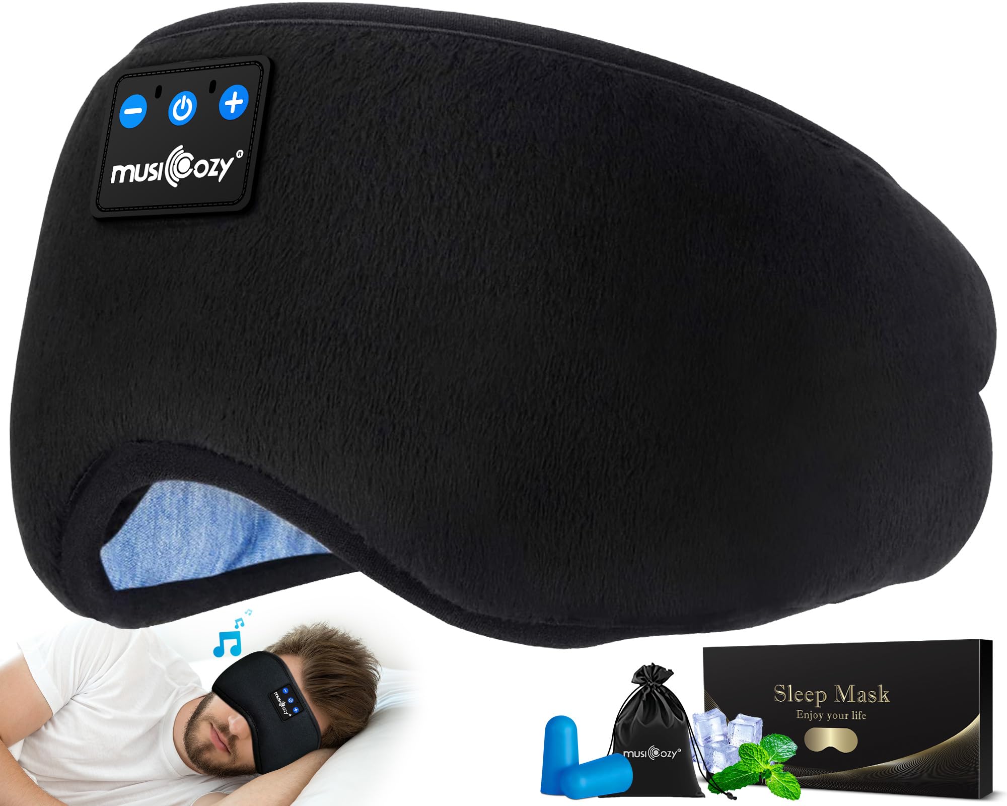 MUSICOZY máscara frontal mostrando cierre y ajuste cómodo