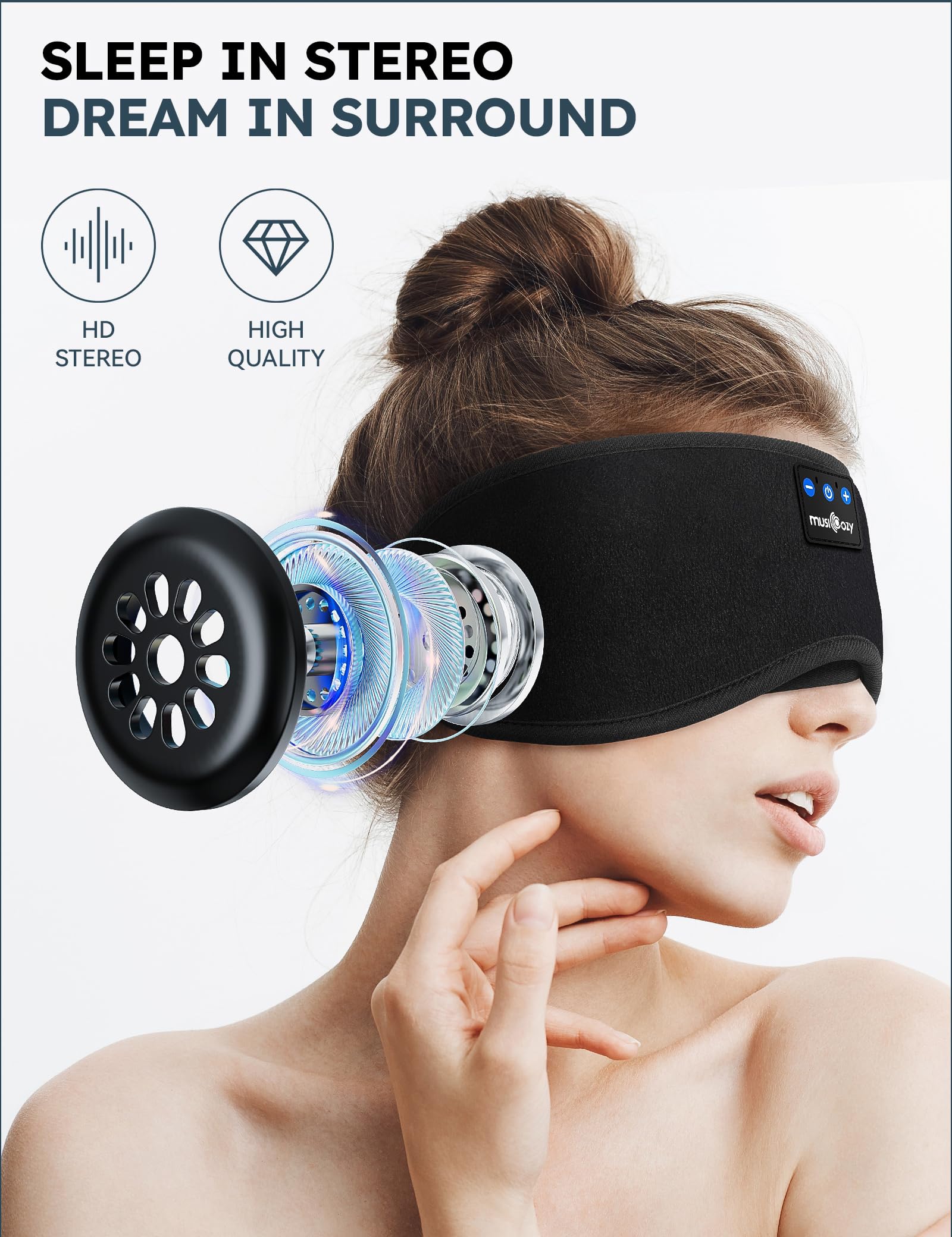 MUSICOZY model wearing mask while side sleeping demonstrating secure fit and undisturbed rest