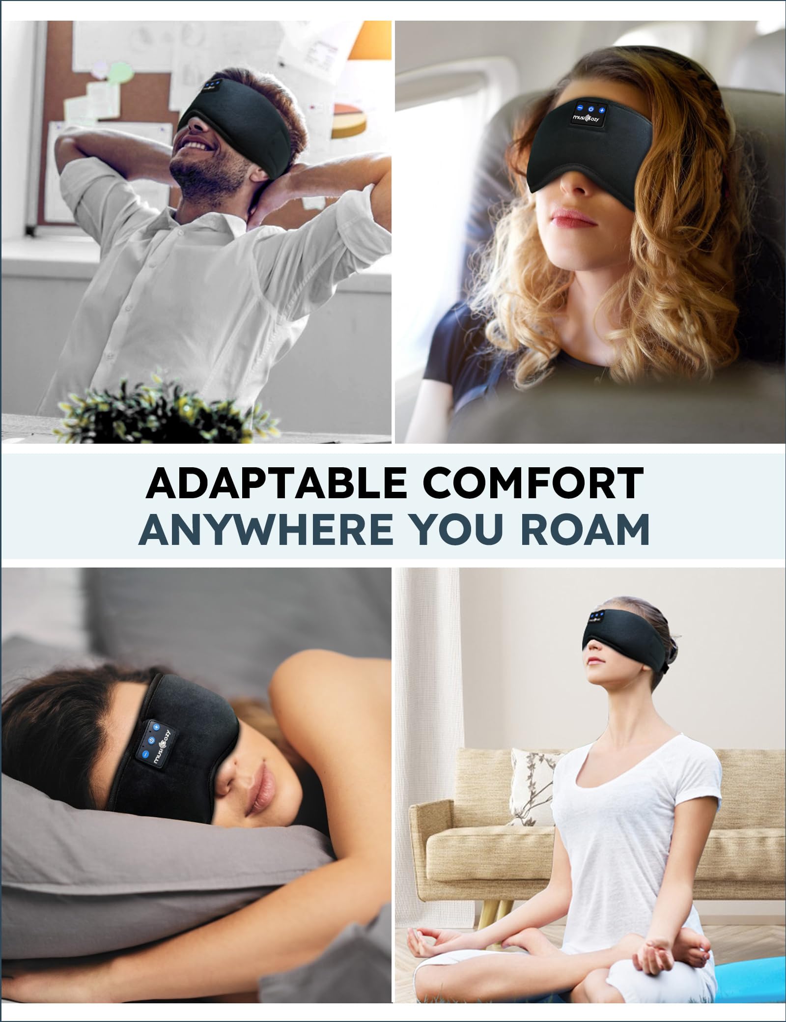 MUSICOZY mask placed beside a smartphone to show compact size and easy Bluetooth connectivity