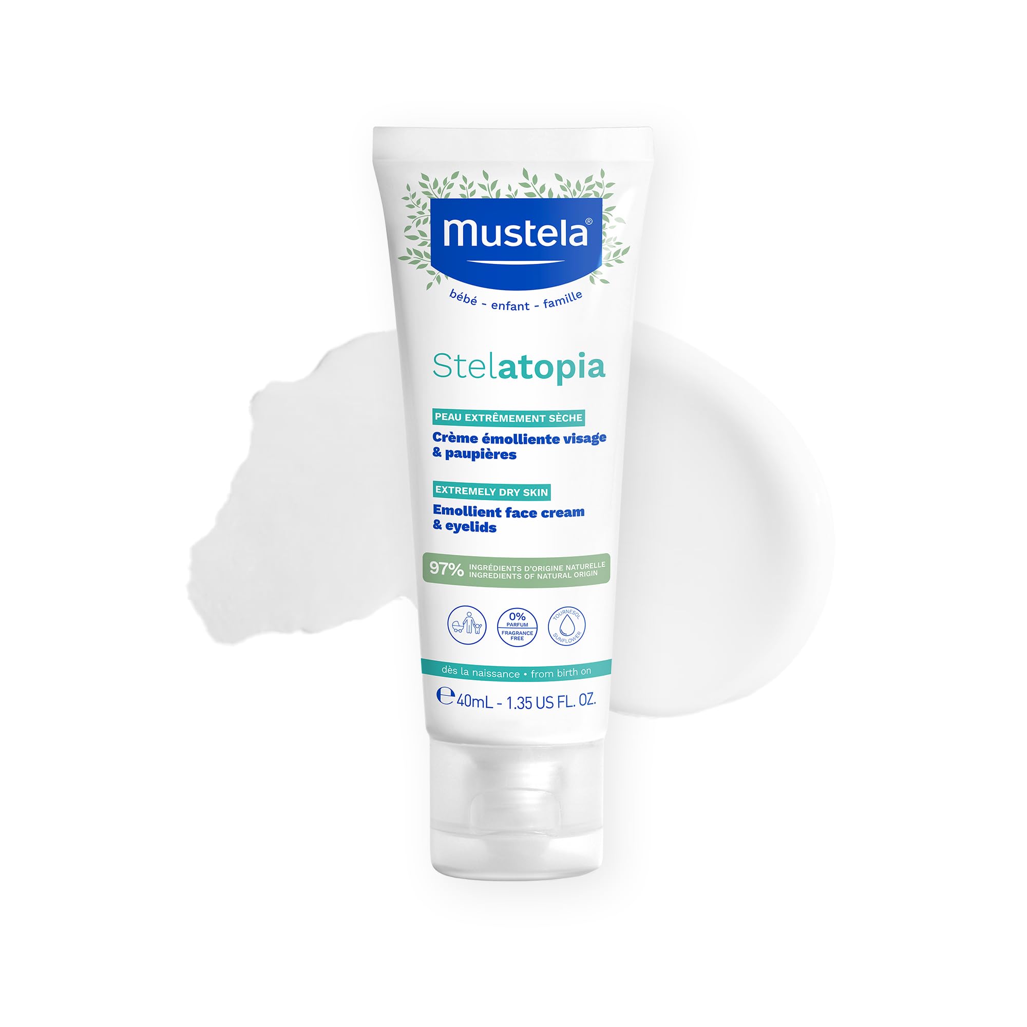 Mustela empaque frontal Stelatopia mostrando tubo y beneficios