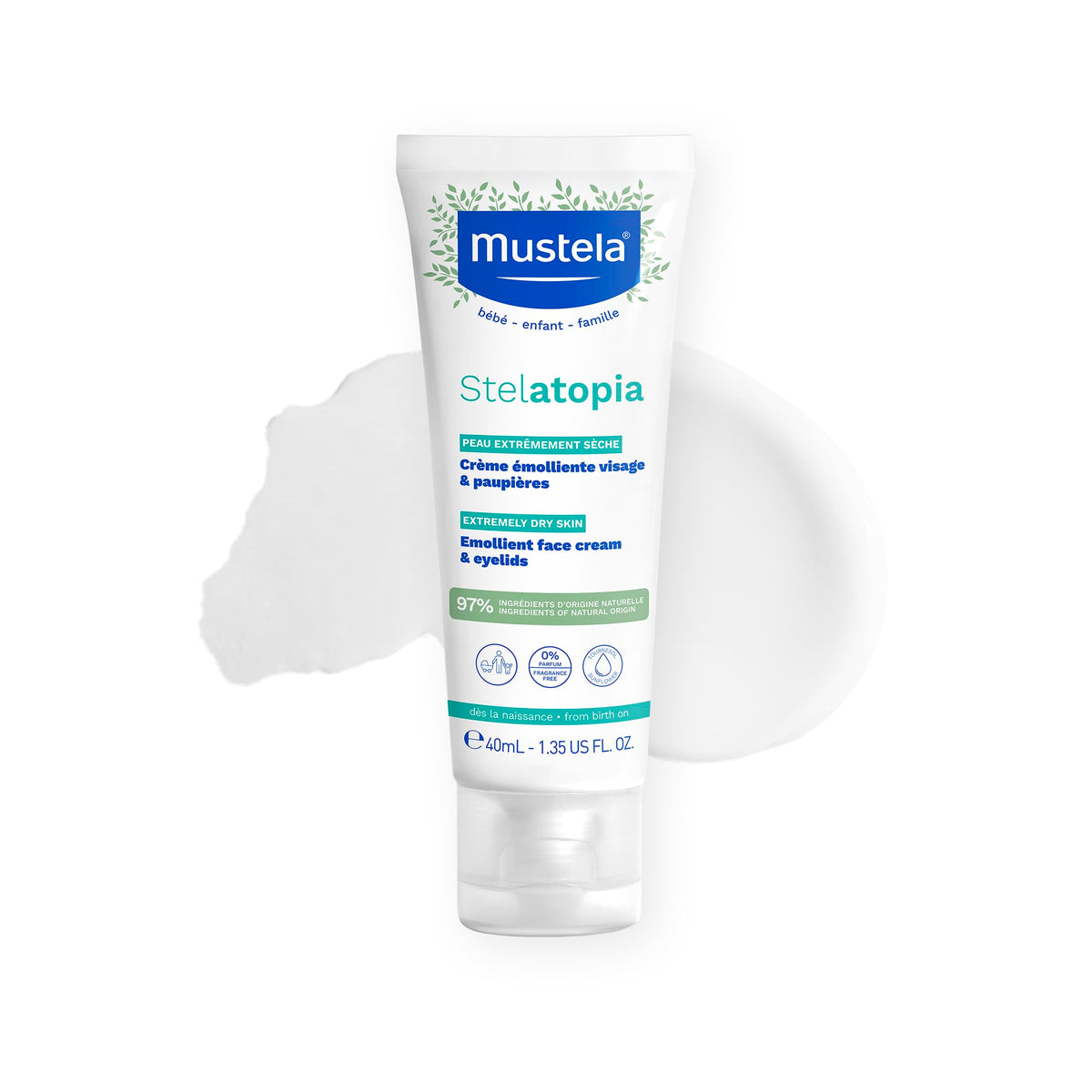 Mustela empaque frontal Stelatopia mostrando tubo y beneficios