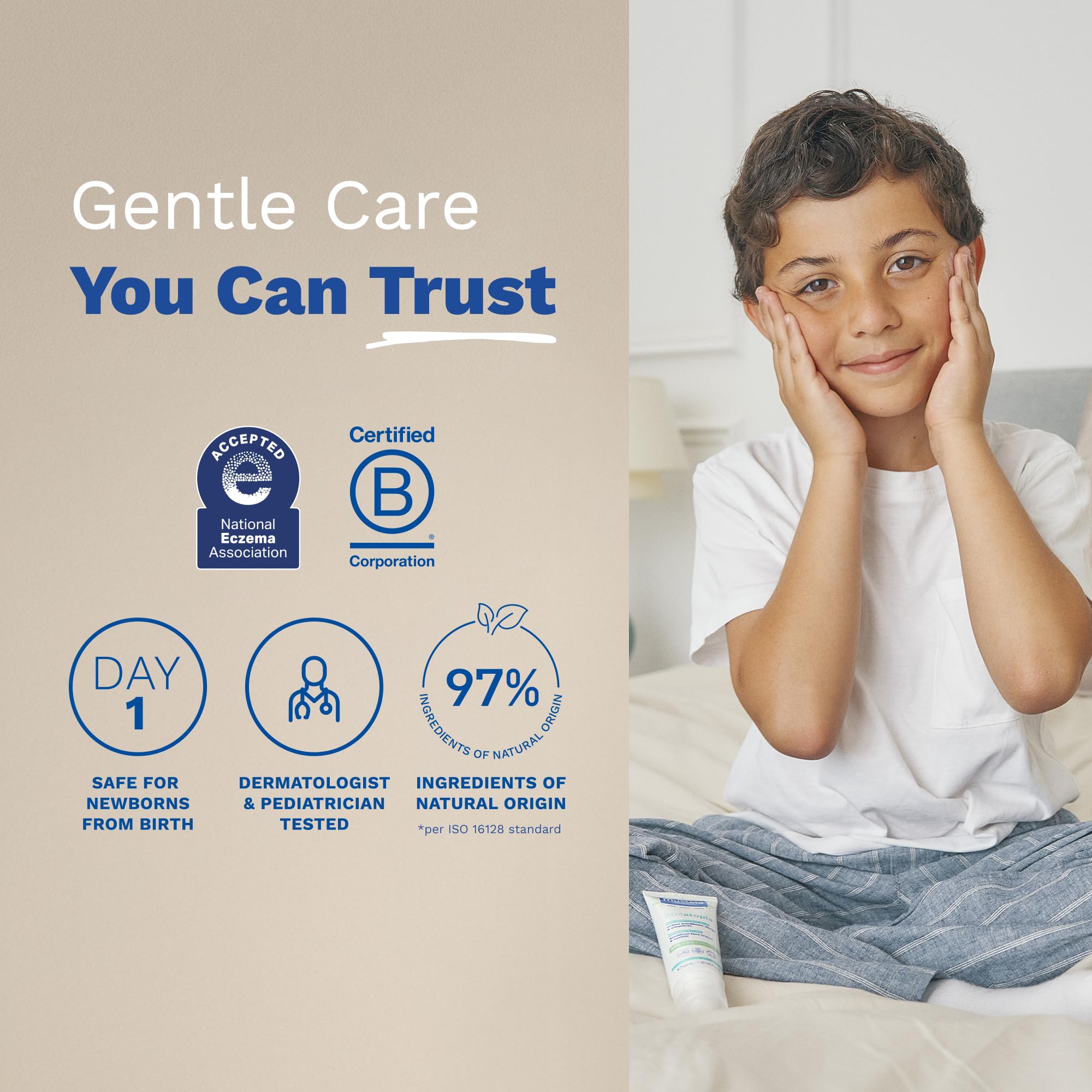 Mustela etiqueta con reconocimiento de la National Eczema Association visible