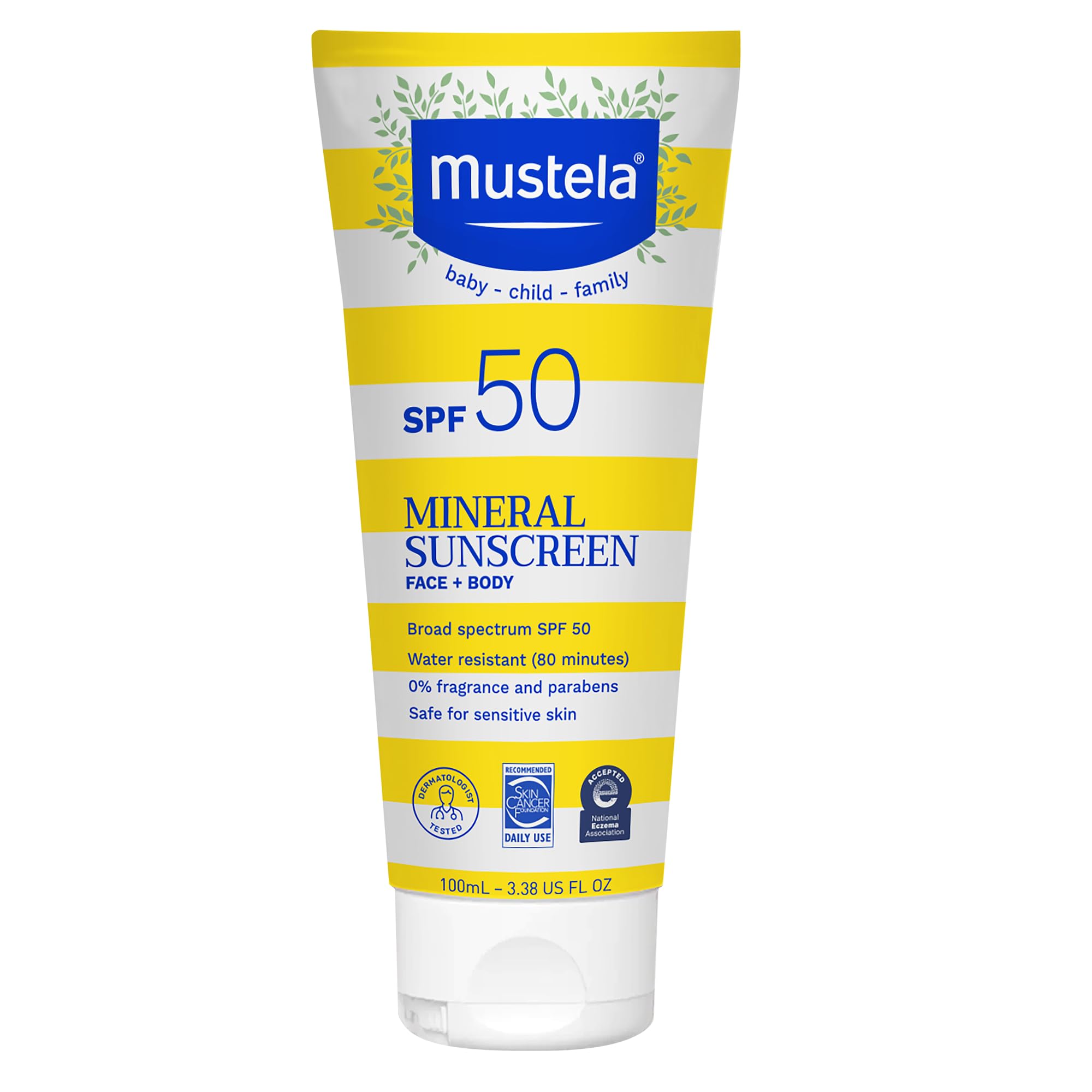 Mustela frasco frontal mostrando diseño y SPF 50 para protección familiar