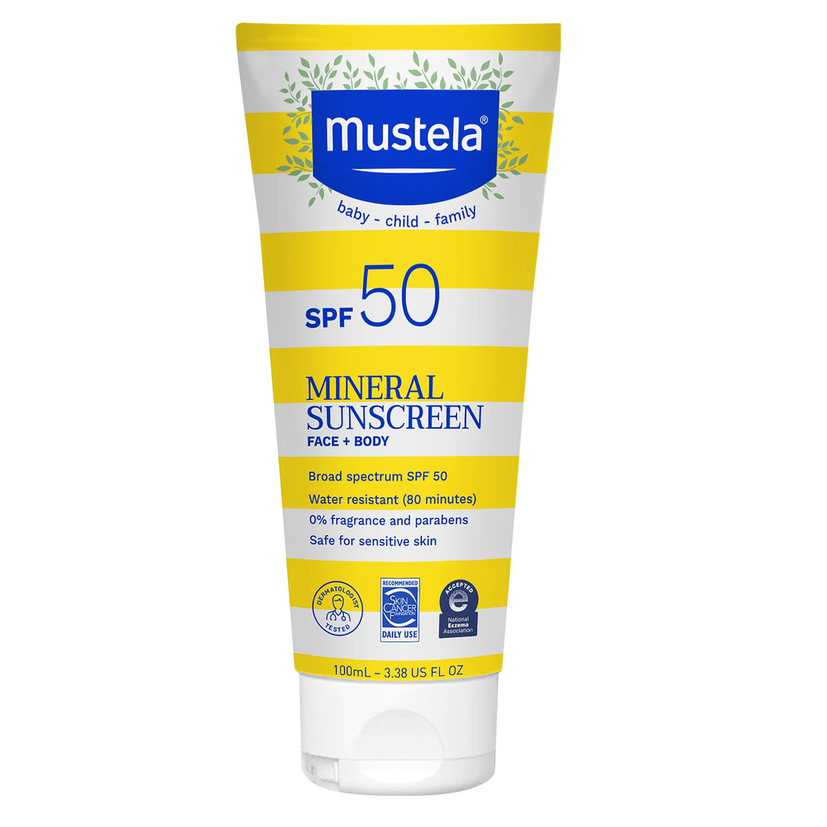 Mustela frasco frontal mostrando diseño y SPF 50 para protección familiar