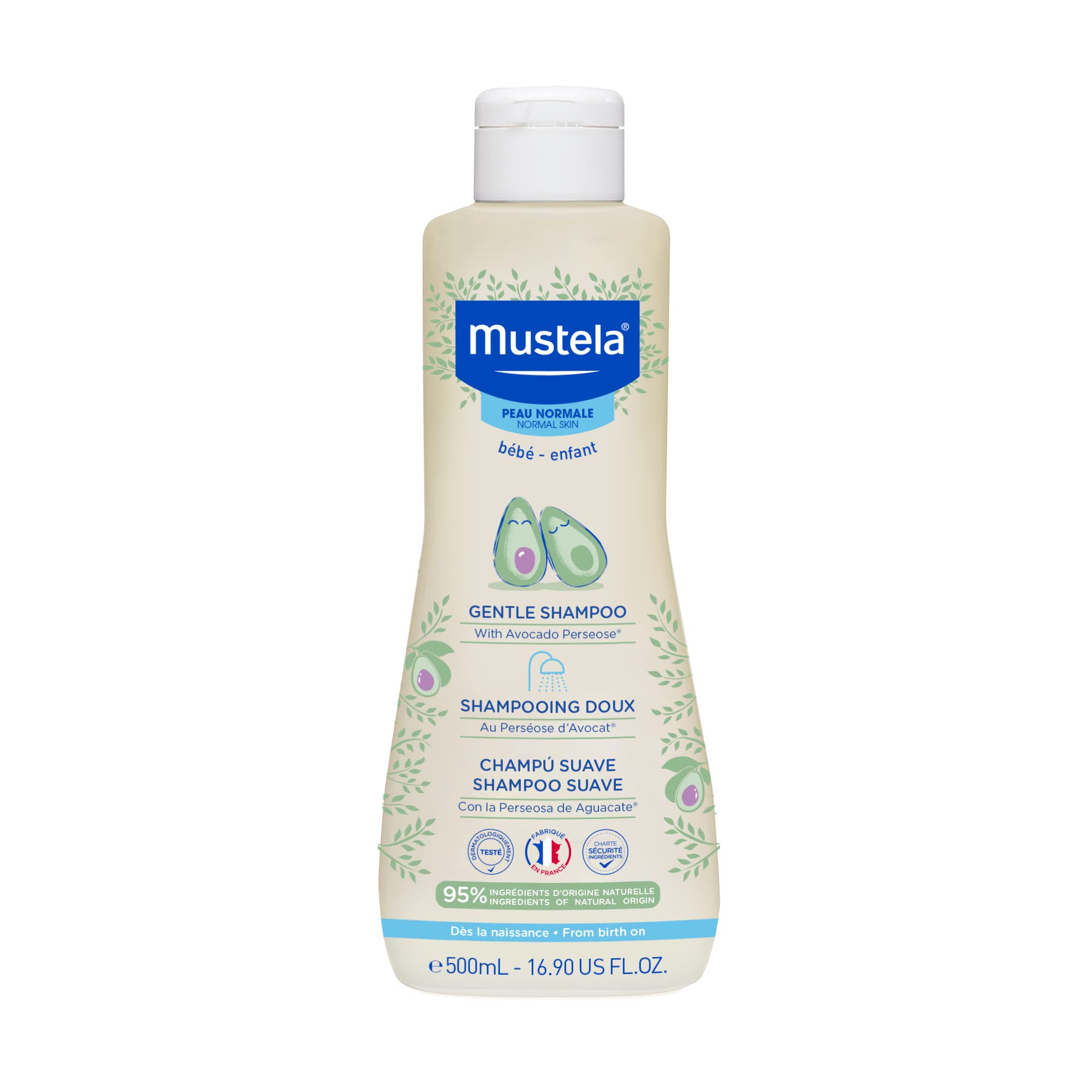Mustela front bottle displaying gentle formula and clear packaging benefit