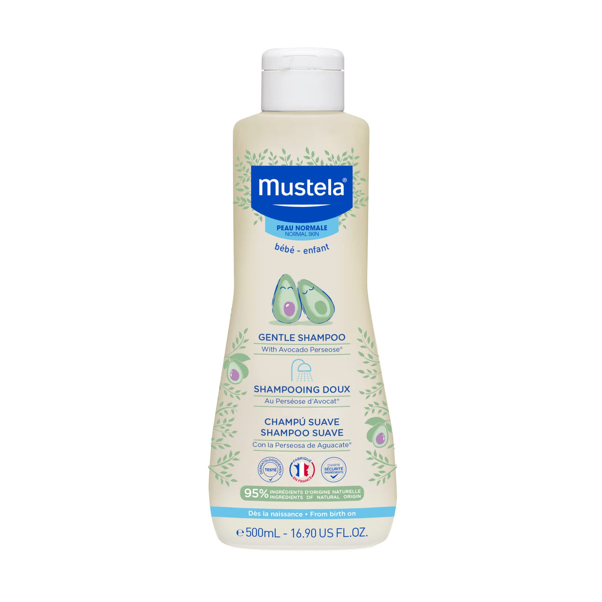 Mustela front bottle displaying gentle formula and clear packaging benefit
