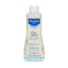 Mustela front bottle displaying gentle formula and clear packaging benefit