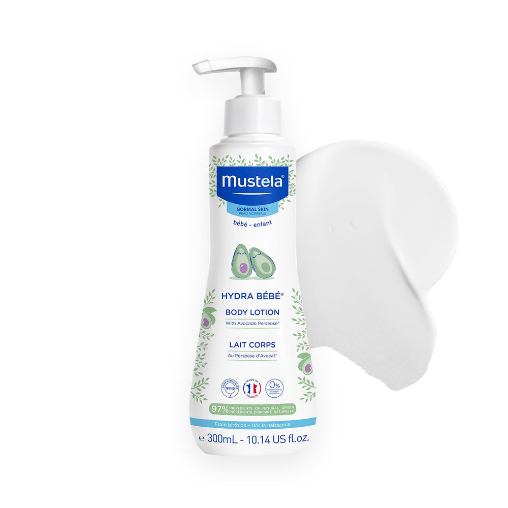 Mustela loción corporal frontal mostrando envase y beneficio hidratante