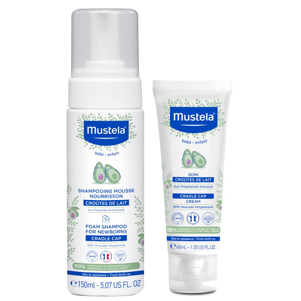 Mustela pack frontal mostrando champú y crema para costra láctea, solución suave