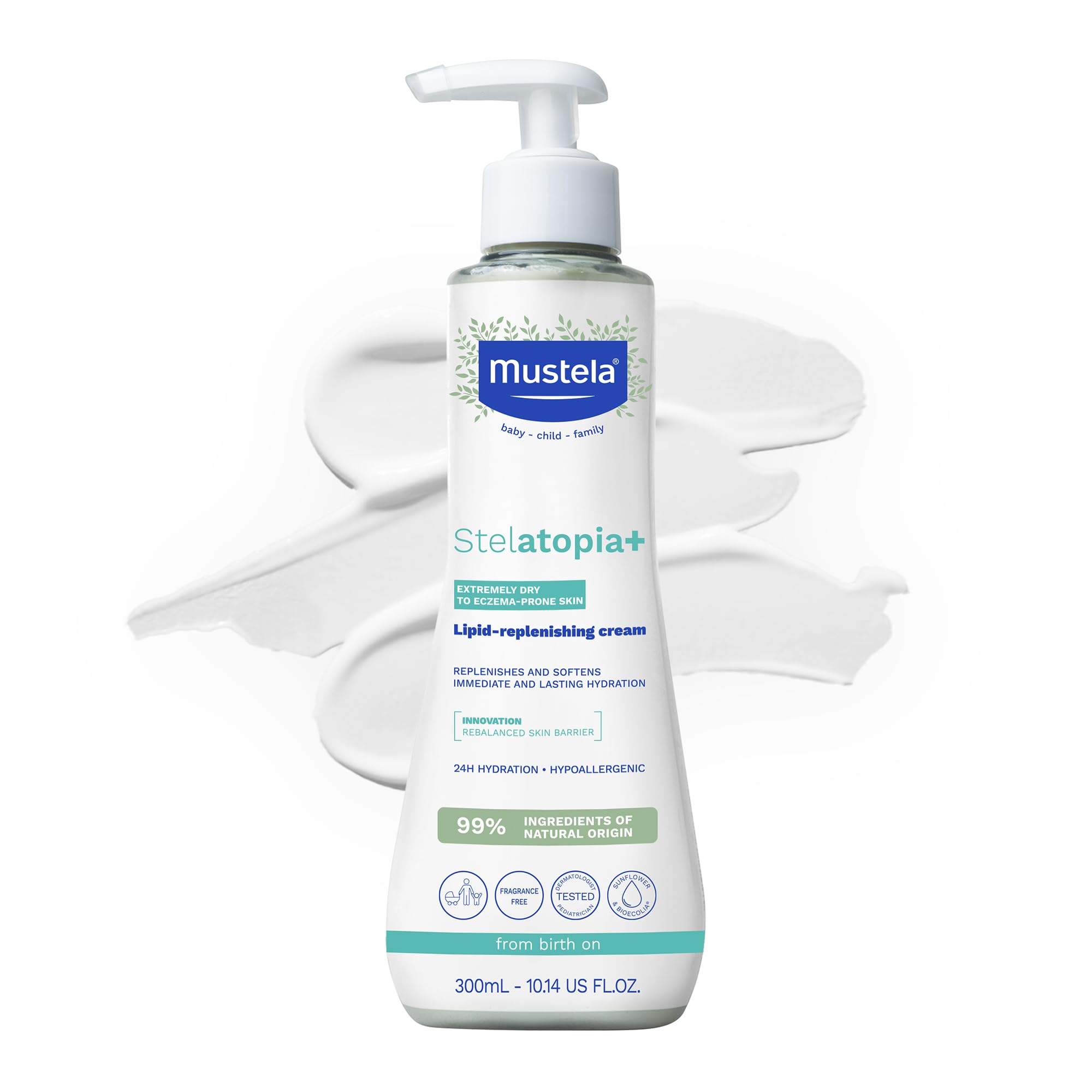 Mustela Stelatopia crema frontal mostrando envase y fácil aplicación