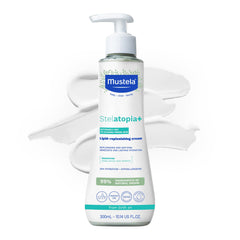 Mustela Stelatopia crema frontal mostrando envase y fácil aplicación