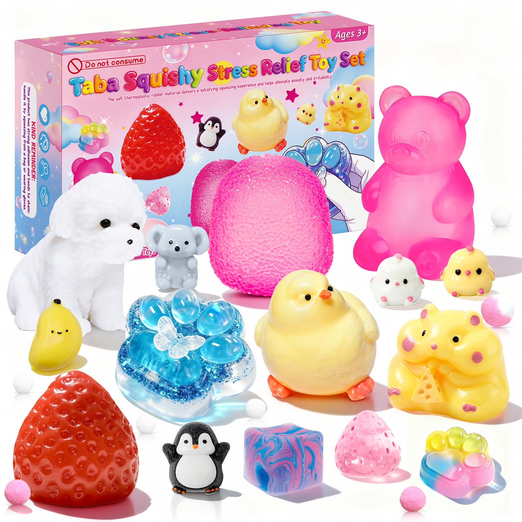 Muxiziu vista frontal del pack con 15 squishies Taba mostrando variedad