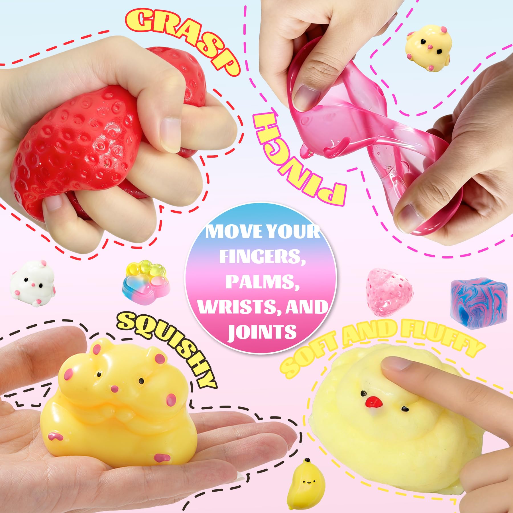 Muxiziu squishies sostenidos en mano mostrando portabilidad y tacto