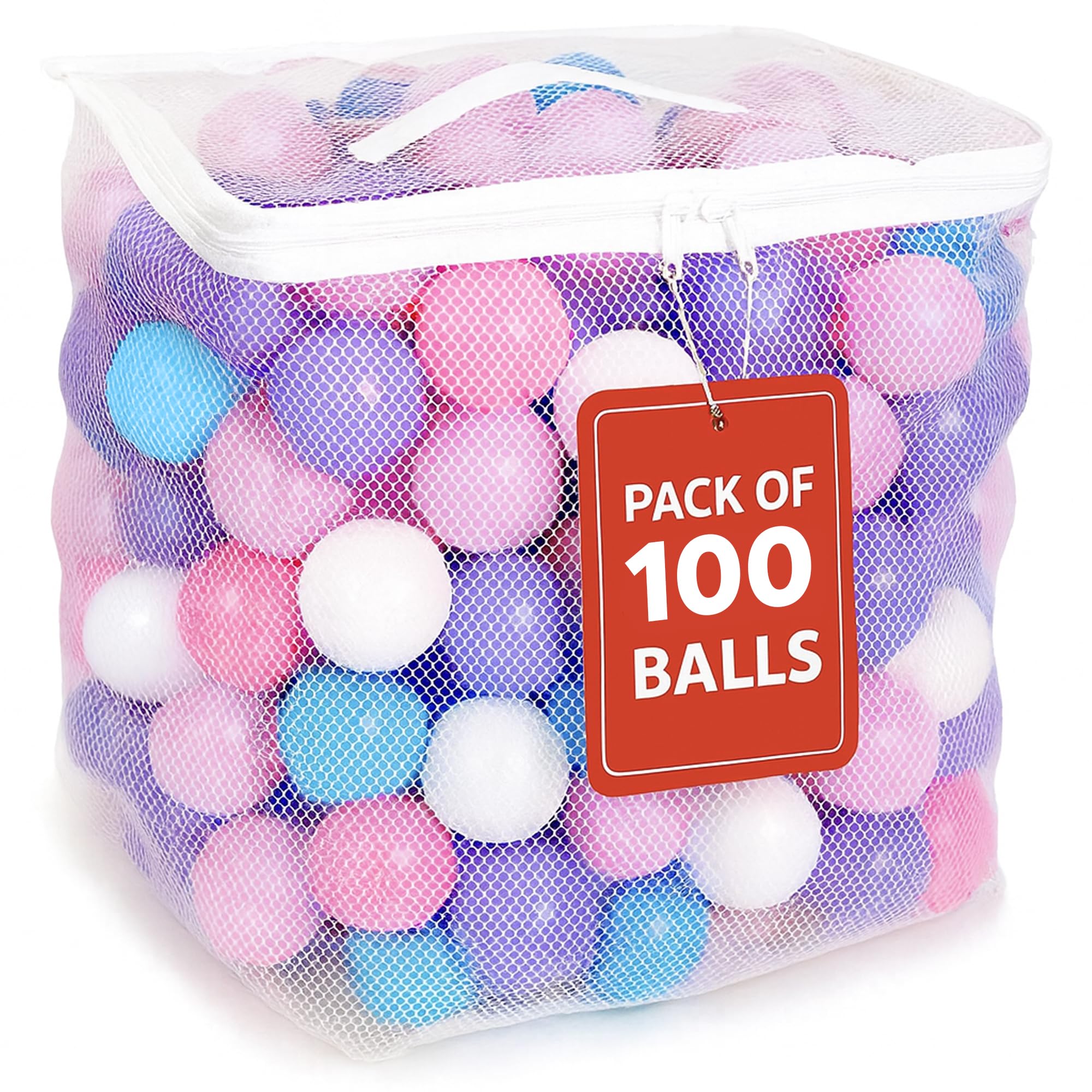 MW SPORTS empaque frontal con 100 bolas pastel, presentación ordenada y segura