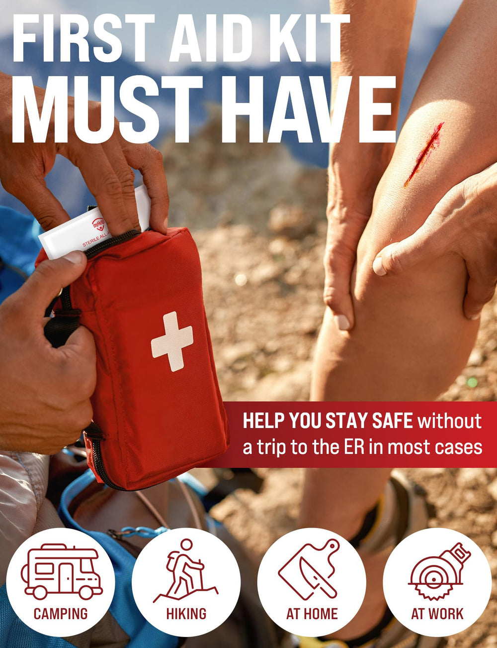 MYHELP kit desplegado con tiras, apósitos y toallitas visibles