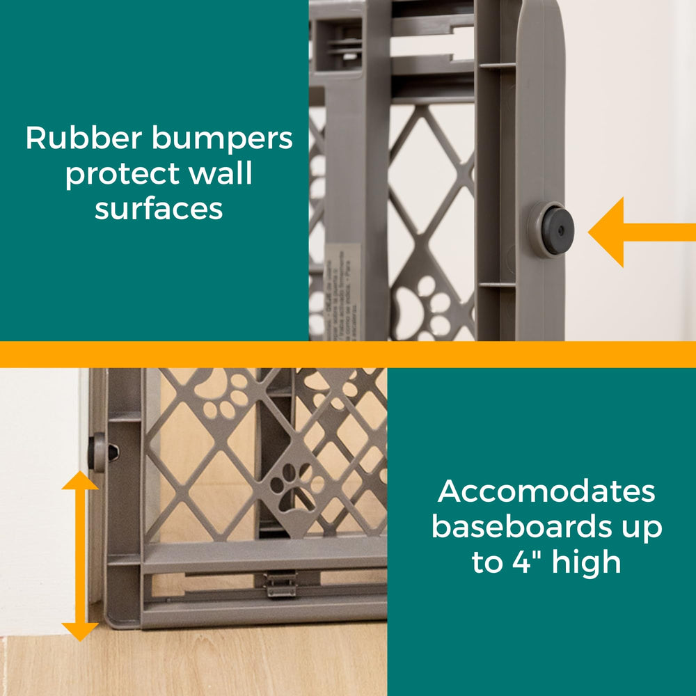 MYPET gate beside a puppy showing size and safe barrier for small dogs
