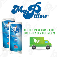 MyPillow almohada en uso sobre cama para mostrar soporte y confort en posición de sueño