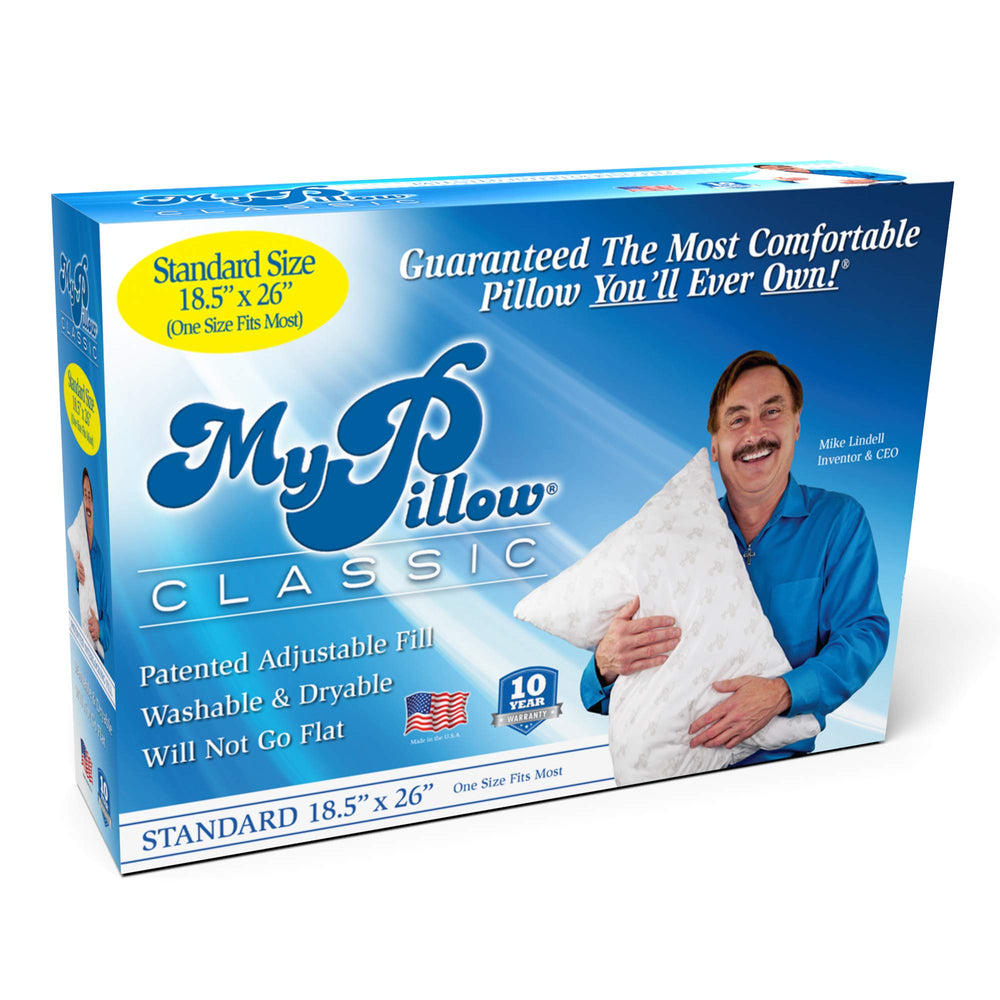 MyPillow vista frontal del empaque que muestra el producto y comodidad