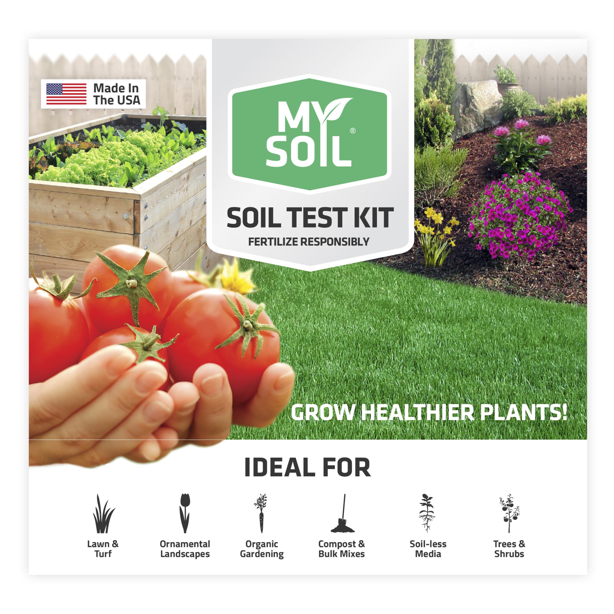 MySoil front packaging showing kit components and benefit of lab-grade testing