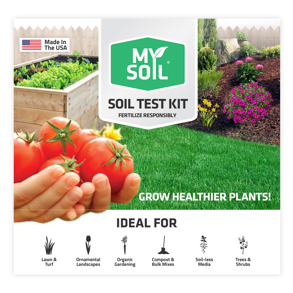 MySoil front packaging showing kit components and benefit of lab-grade testing