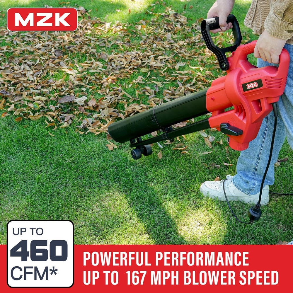 MZK blower tube attached in use blowing leaves for faster yard clearing benefit
