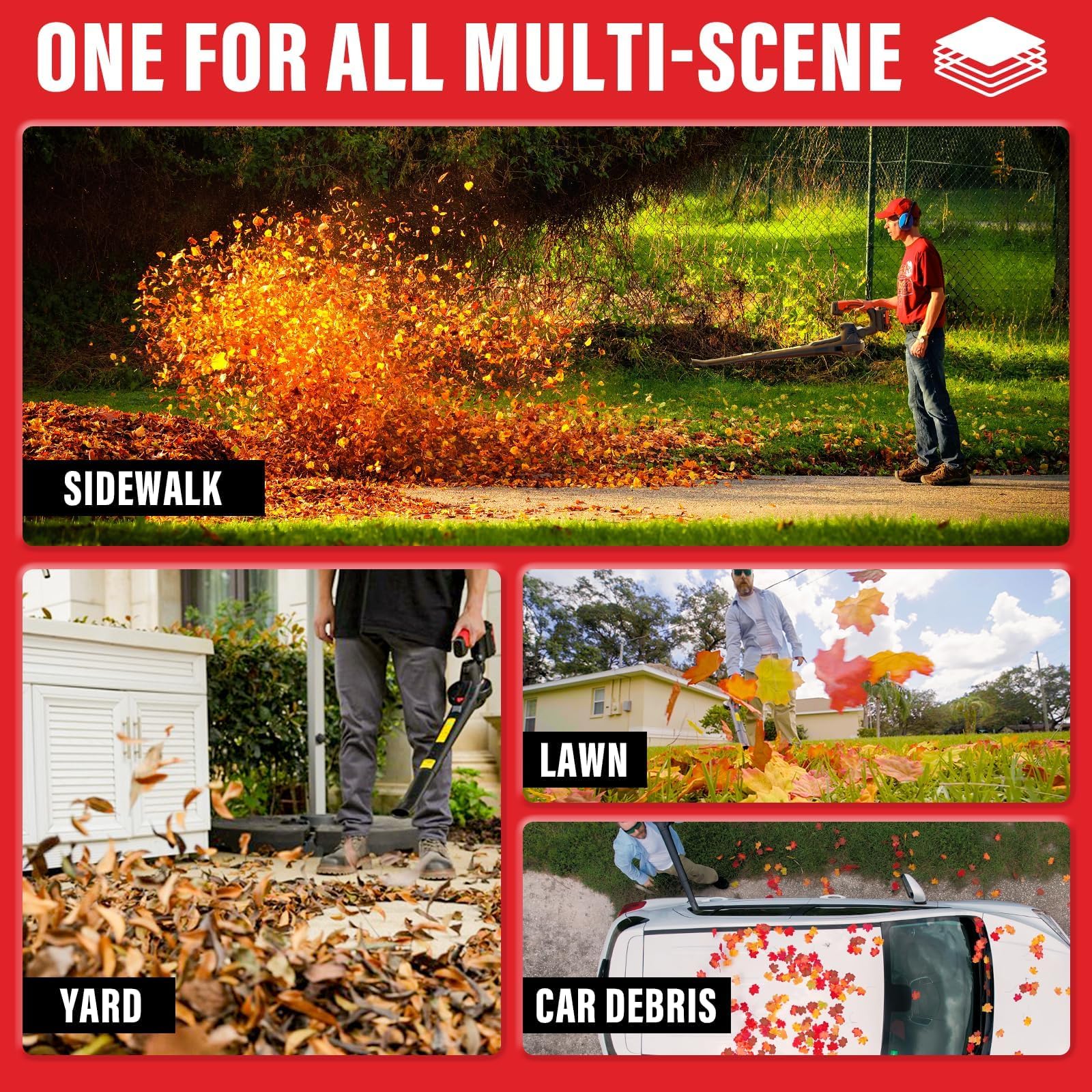 MZK in use blowing leaves on a lawn showing fast debris clearing benefit