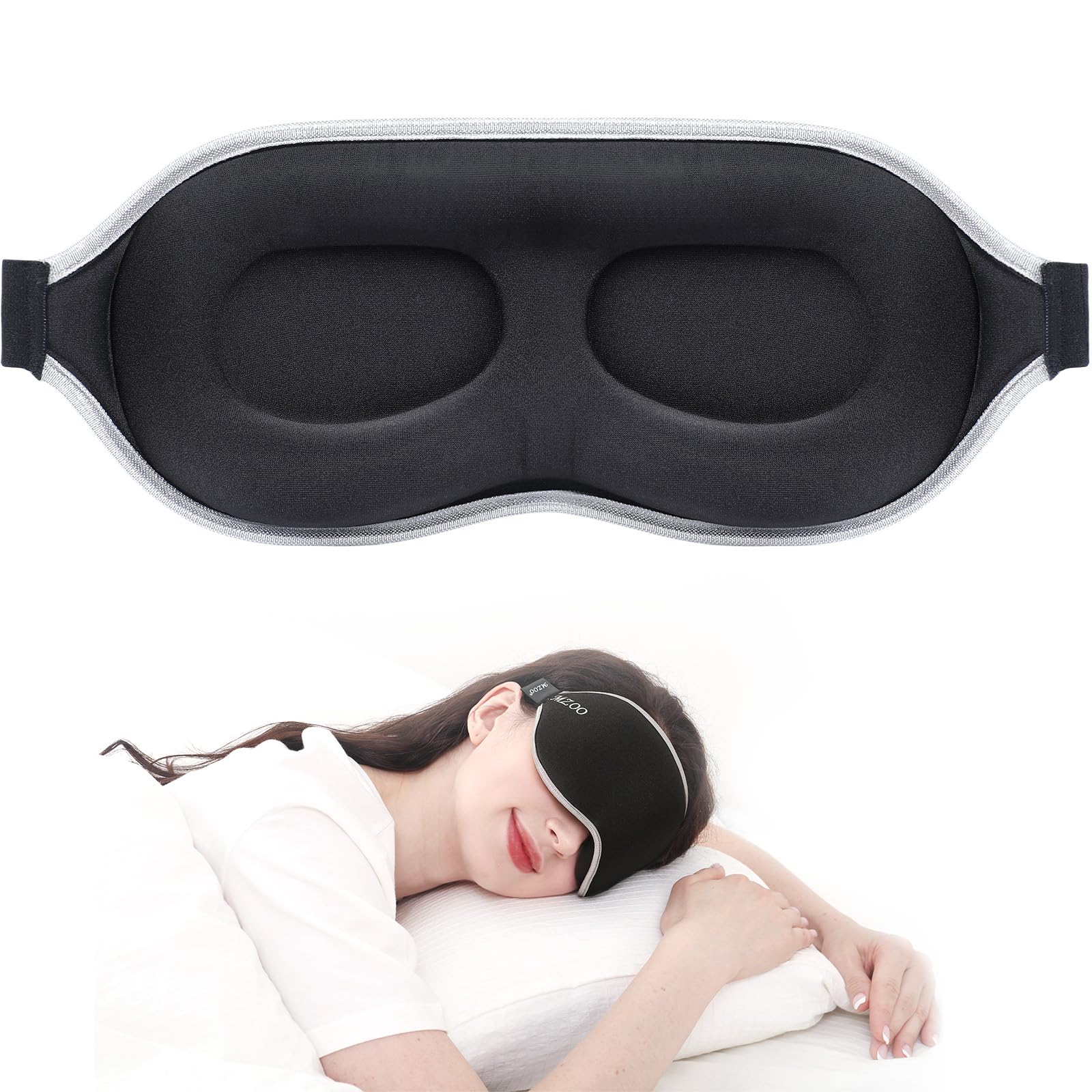 MZOO máscara frontal mostrando corte contorno facial y bloqueo de luz