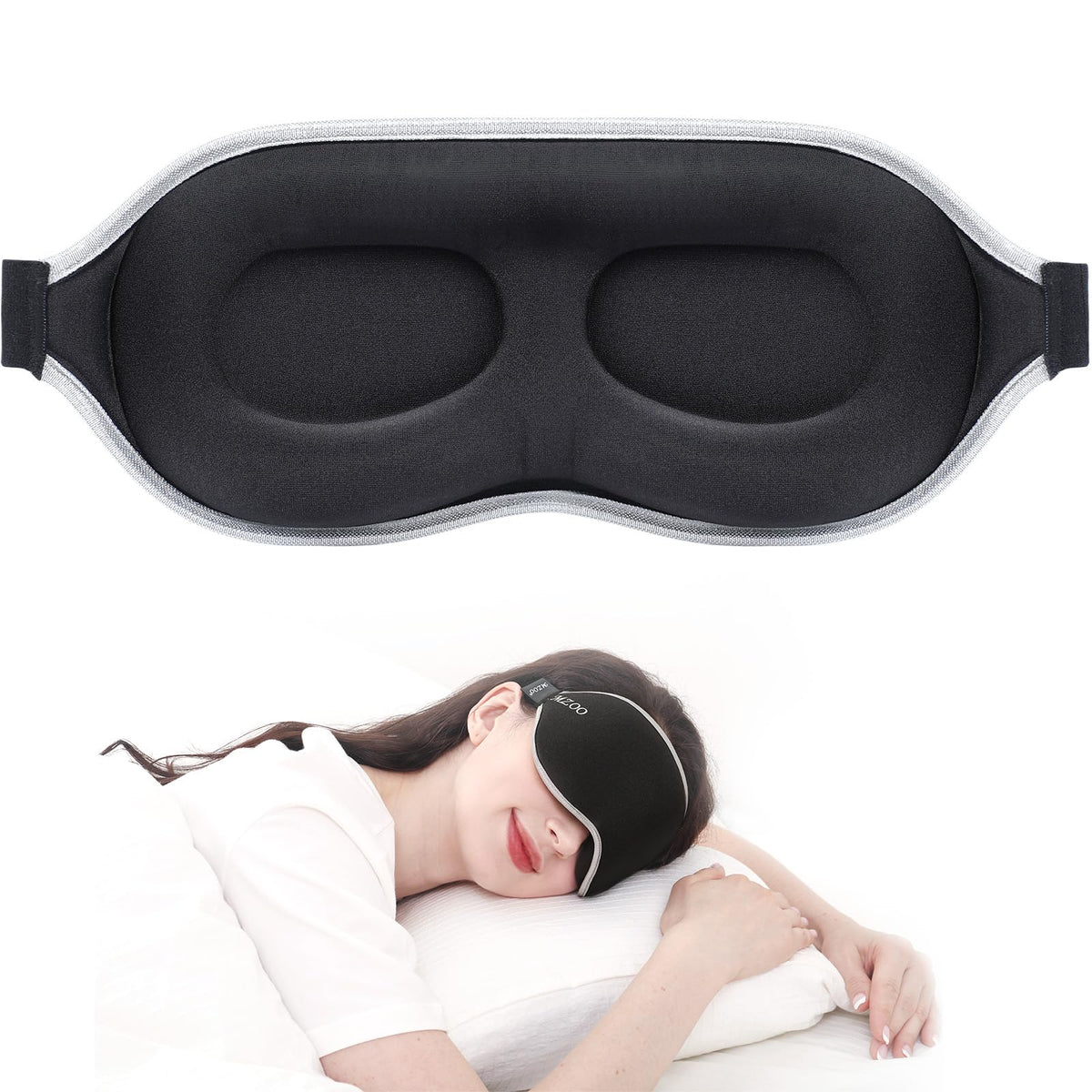 MZOO máscara frontal mostrando corte contorno facial y bloqueo de luz