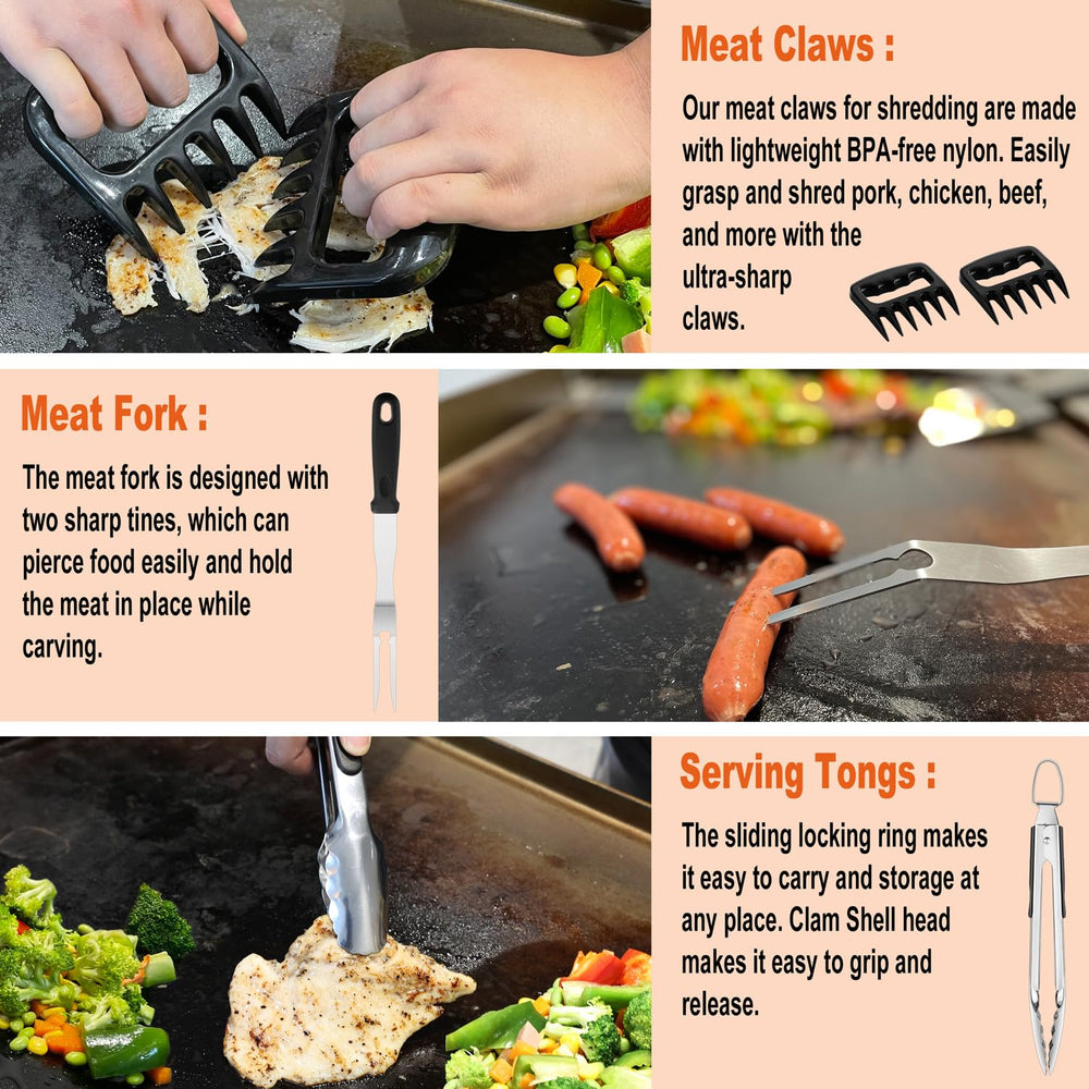 N NOBLE FAMILY griddle tools in use flipping burgers and eggs for faster service