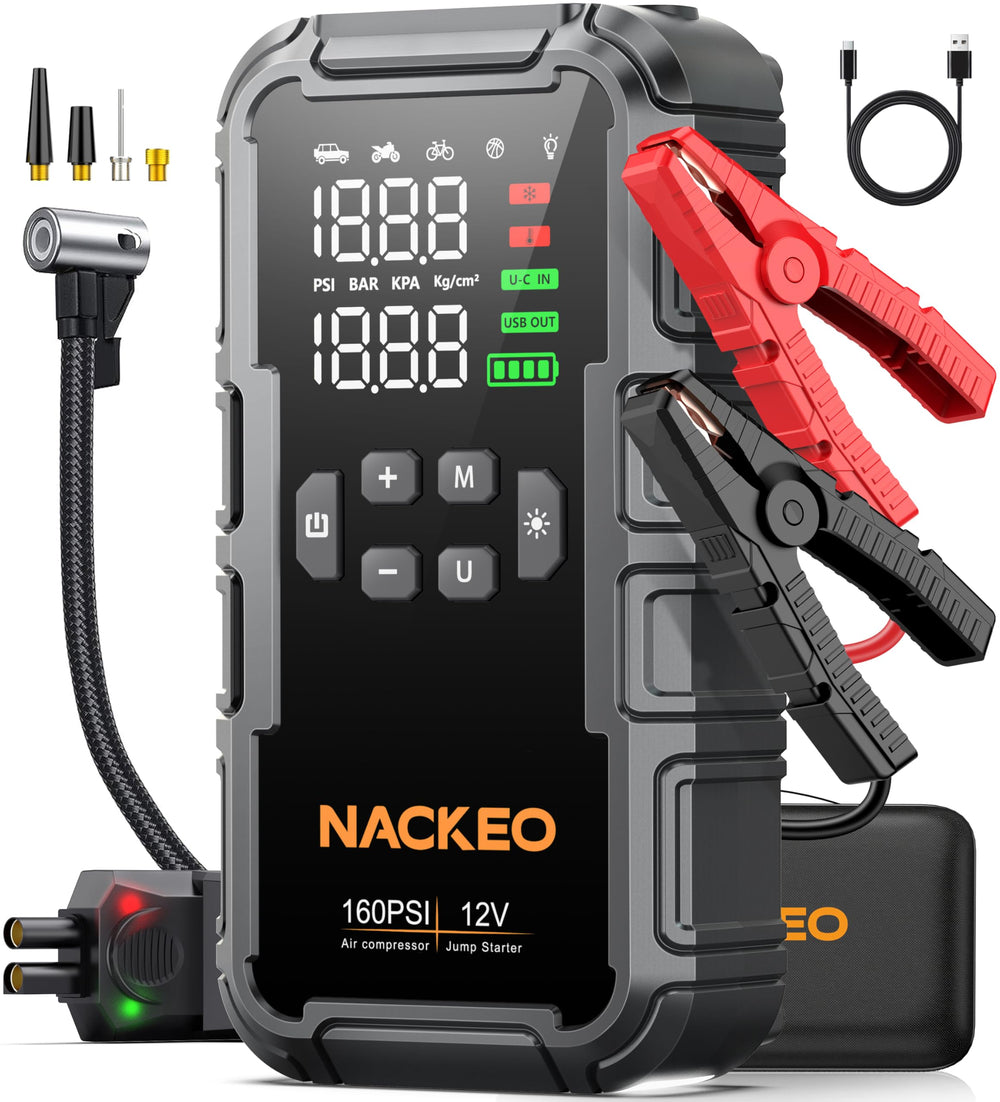 NACKEO vista frontal del arrancador mostrando diseño compacto y robusto, útil en emergencias