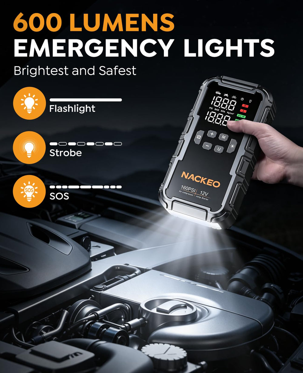 NACKEO linterna 600LM iluminando carretera de noche, mayor visibilidad en emergencias