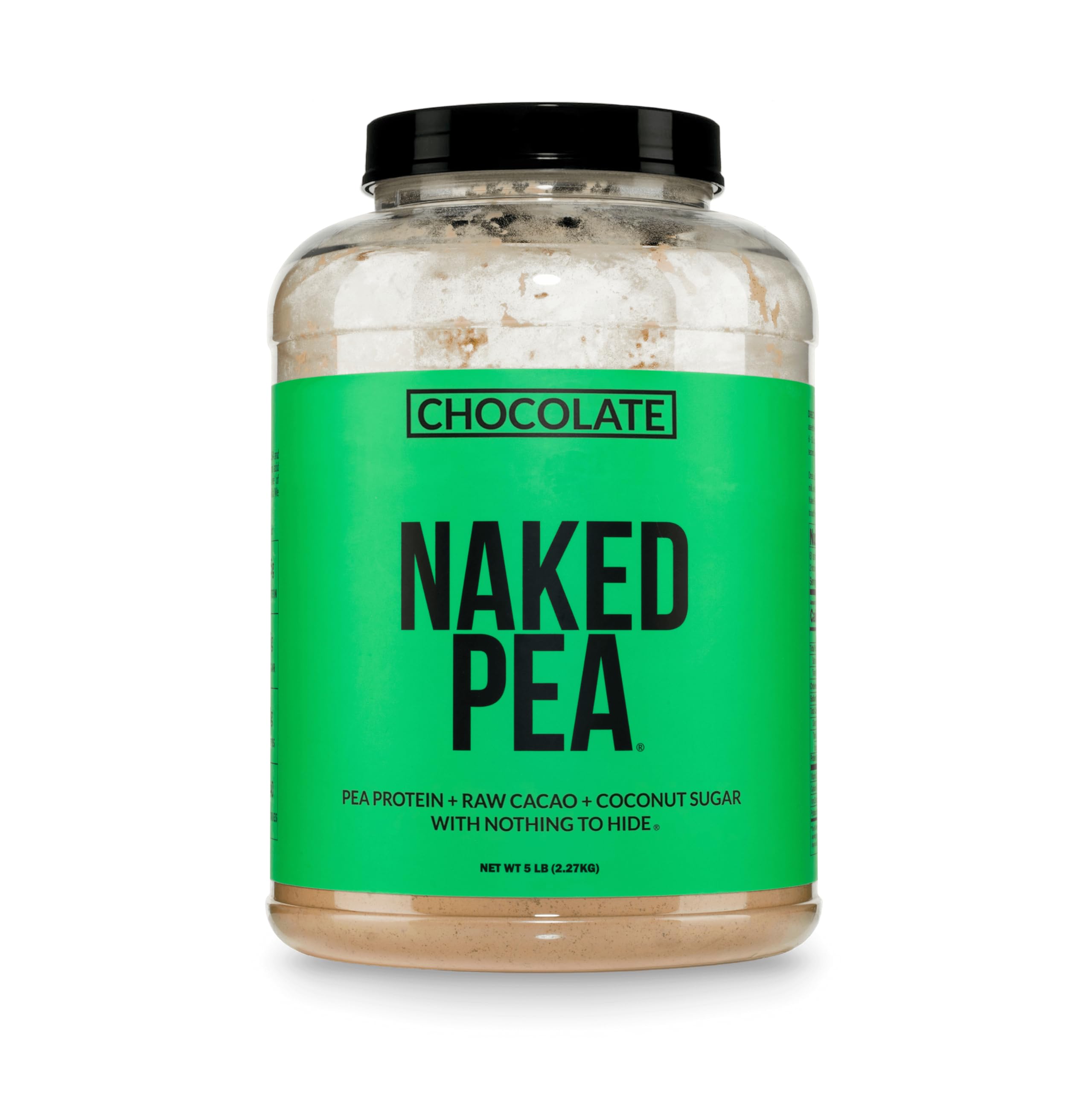 NAKED frente del envase mostrando 5 lb y sello de chocolate, conveniencia al comprar